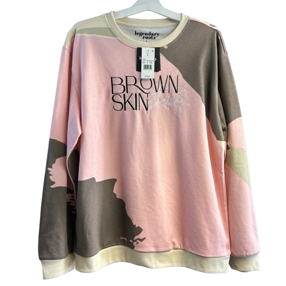 NWT “Brown Skin Beauty” Sweatshirt Pink with Brown/Tan/Cream Cow Spots/Camo